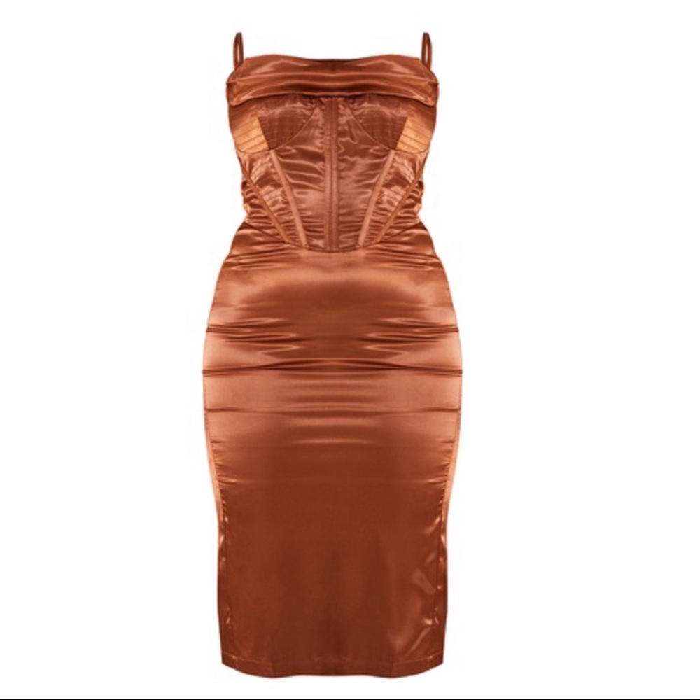 Chocolate Strappy Satin Corset Detail Dropped Neckline Midi Dress